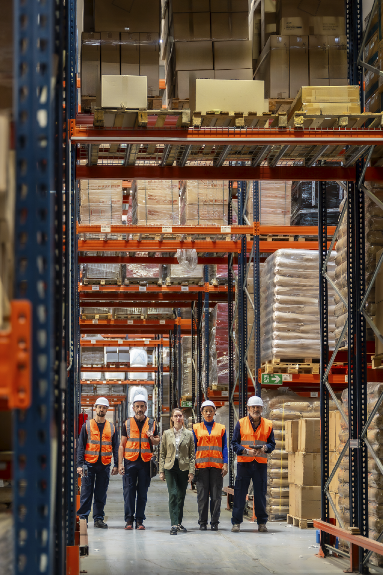 Alumnos de FPLogis observando y caminando por un almacen logistico de una empresa con la encargada del almacen