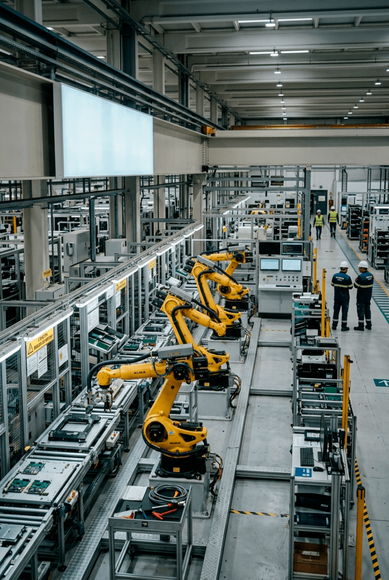 Robot INDRA de una fabrica de montaje de mecatronica industrial y electronica