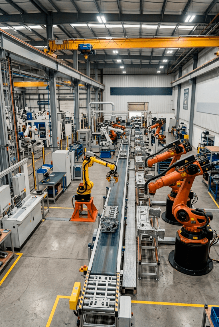 Robot INDRA de una fabrica de montaje de mecatronica industrial y electronica